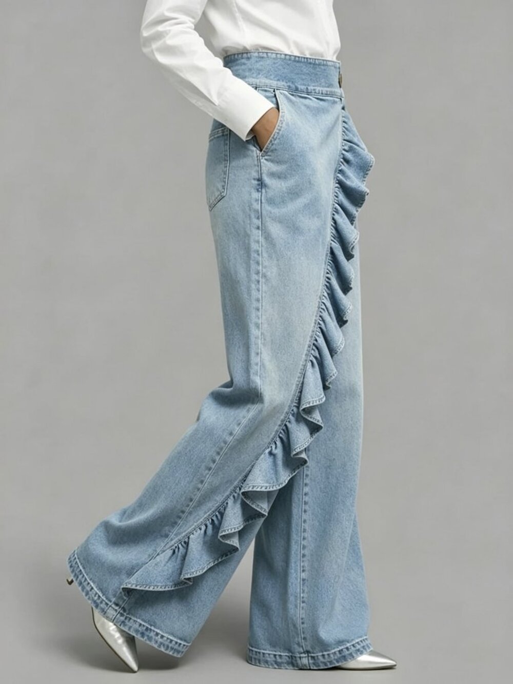 Light Blue Casual Women's Washed ruffle detailed Mid-Waist Straight Leg Jeans - Picture 3 of 8